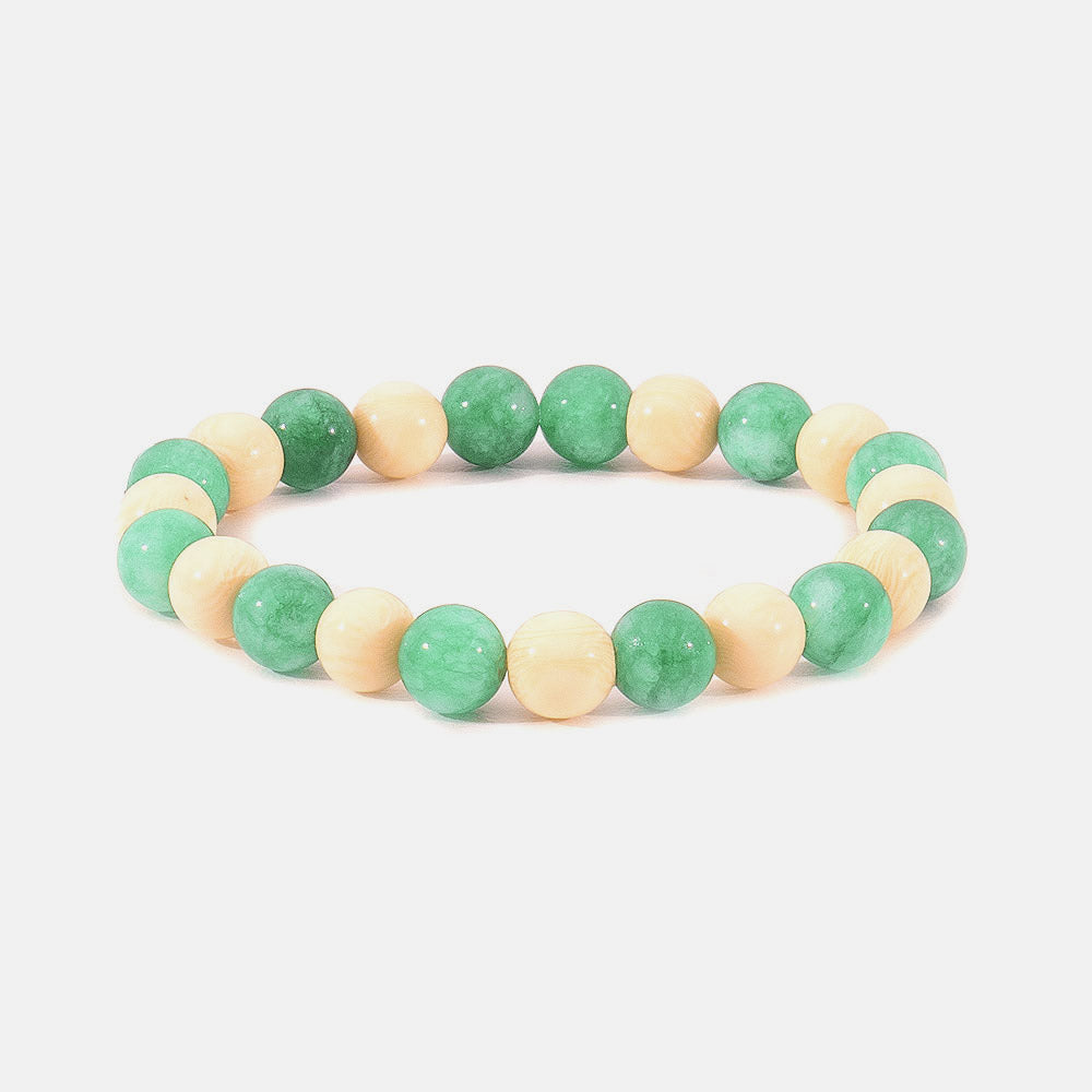 Pulsera elástica bolas de hueso y jade