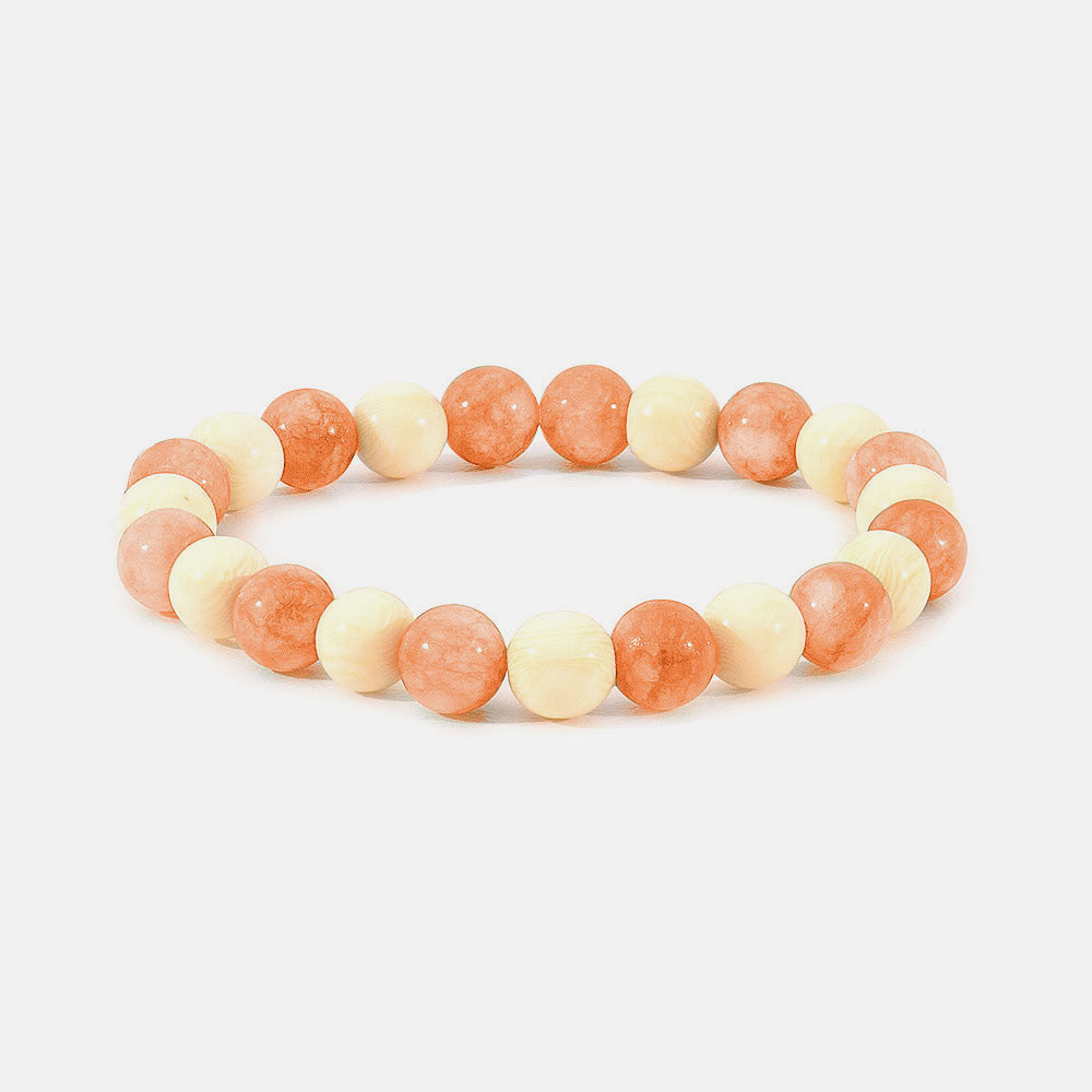 Pulsera elástica bolas de hueso y jade